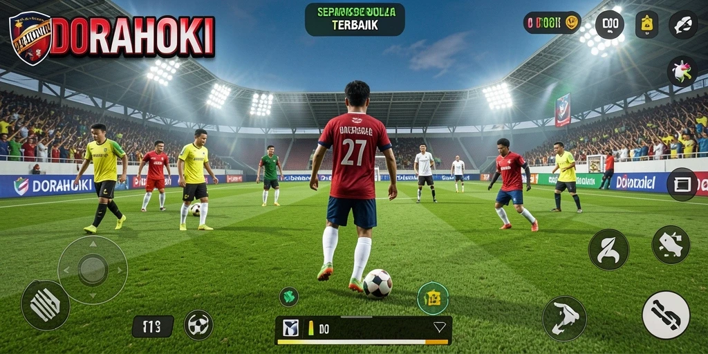 Tampilkan gameplay seru DORAHOKI dengan pertandingan sepak bola mendebarkan.