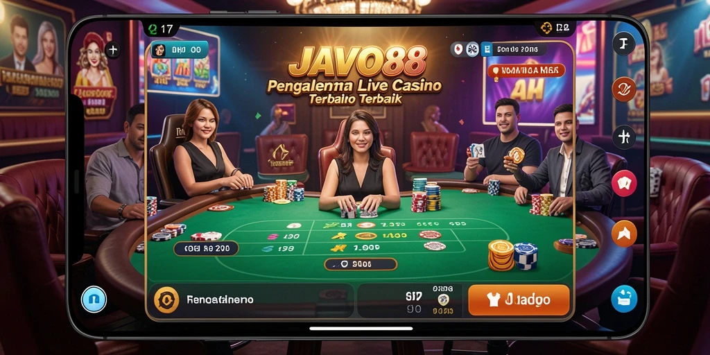 Screenshot gameplay JAVO88 menunjukkan dealer profesional dan suasana kasino langsung yang mendebarkan.