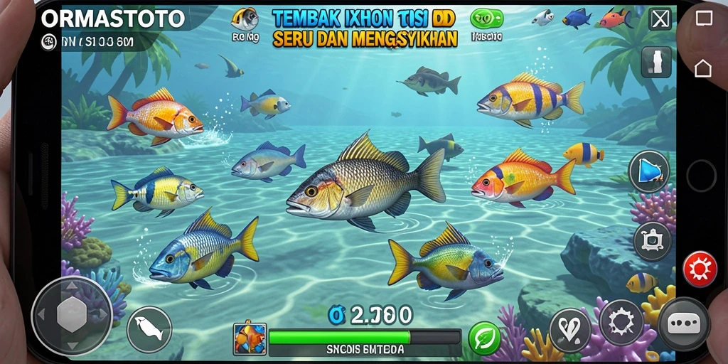 Tampilan gameplay ORMASTOTO dengan aksi menembak ikan yang seru.