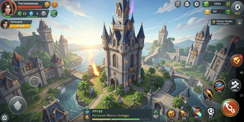 Screenshot gameplay PPV99 menampilkan menara dan musuh yang mendebarkan.