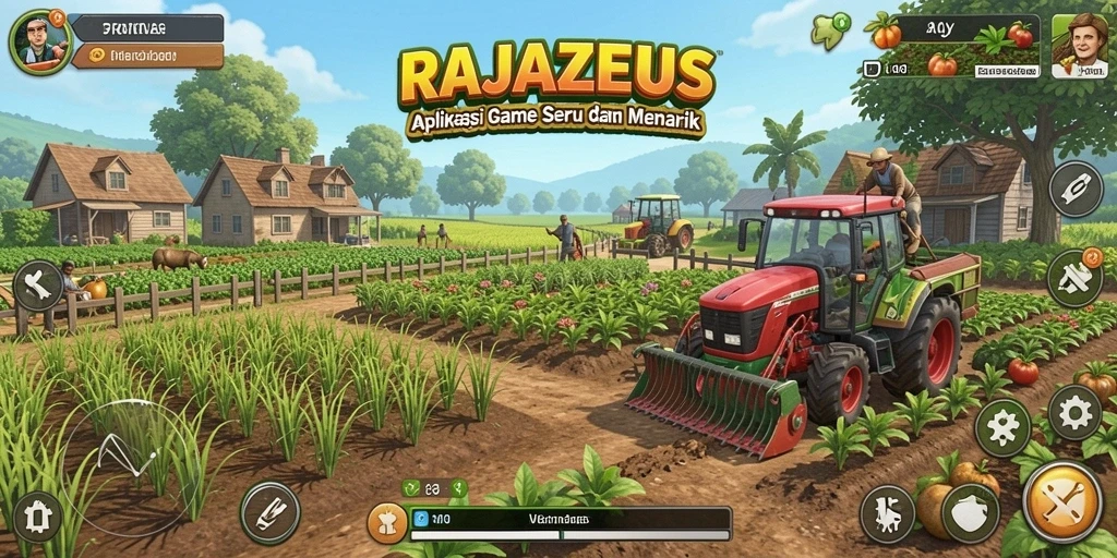 Screenshot utama RAJAZEUS menampilkan kebun hijau yang subur dan tanaman yang sedang tumbuh.