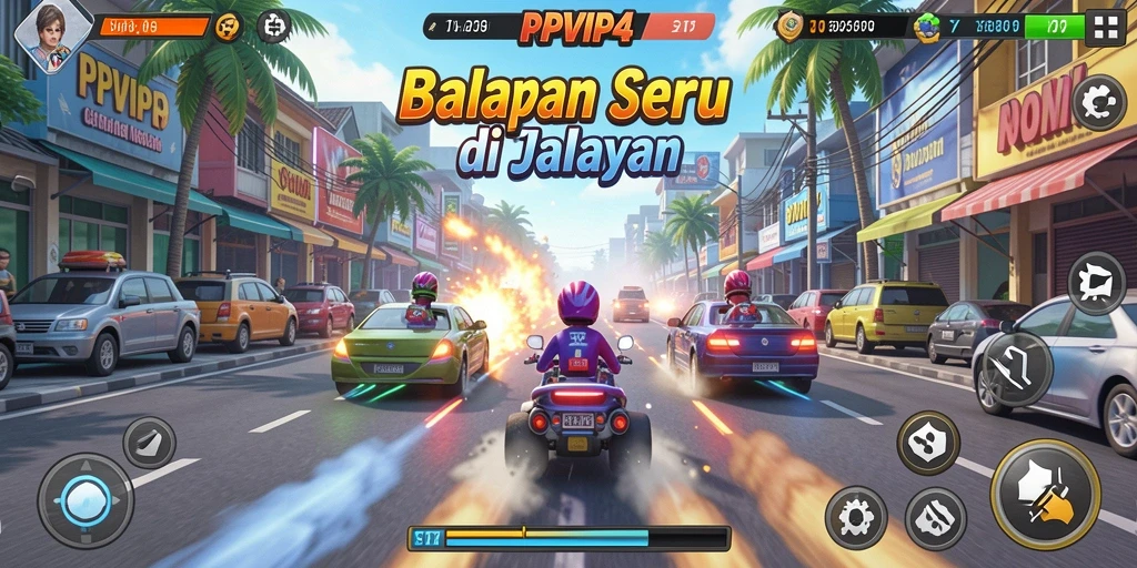 Screenshot gameplay RPVIP4 menampilkan aksi balapan yang mendebarkan di trek terbuka.